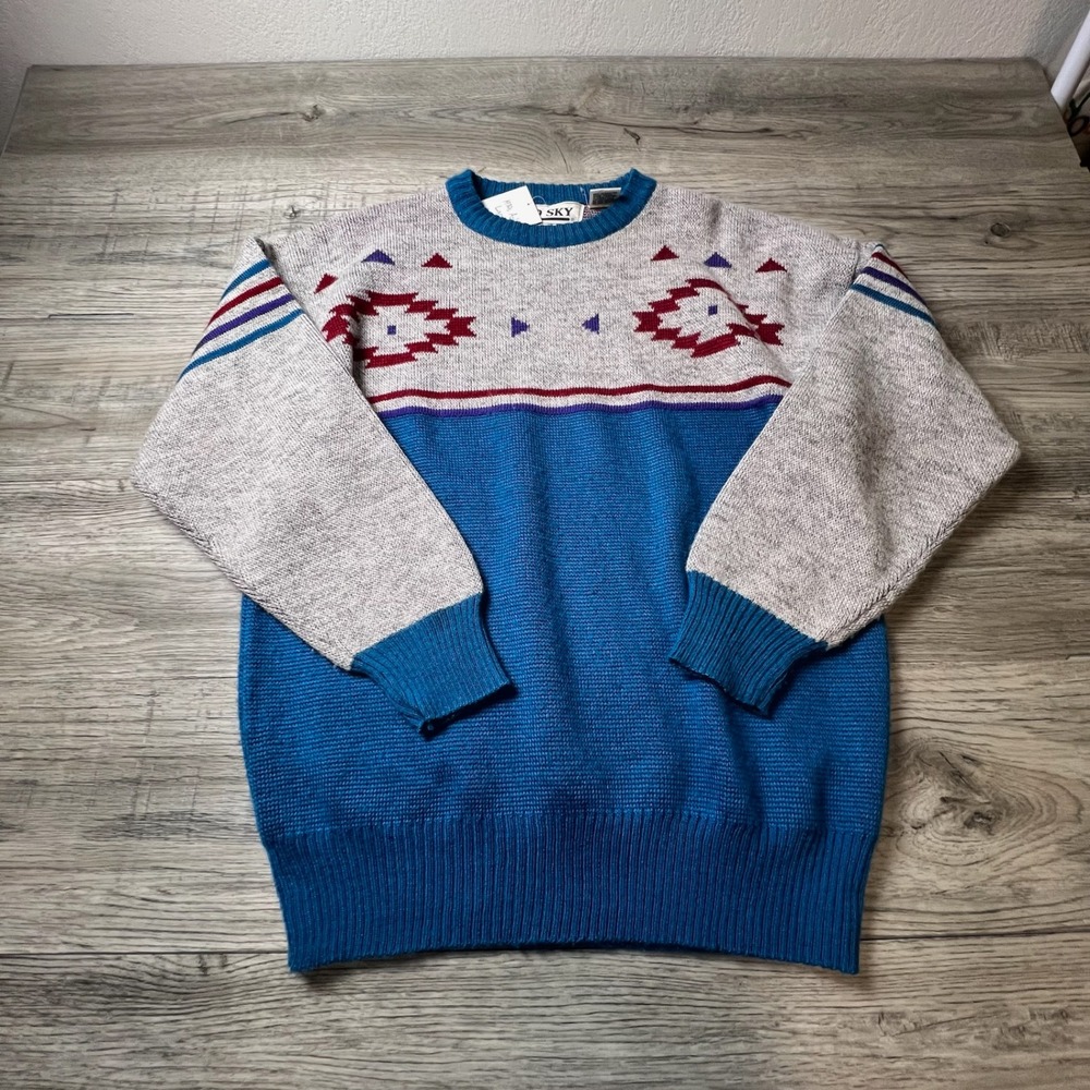 Red Sky Sweater‎ Mens Large Blue Grey Aztec Southwestern Vintage 80s Crewneck